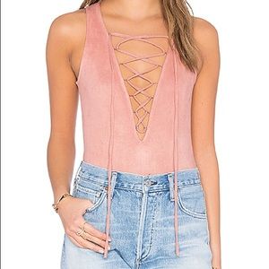 Lace Up Bodysuit in Dusty Pink Suede
